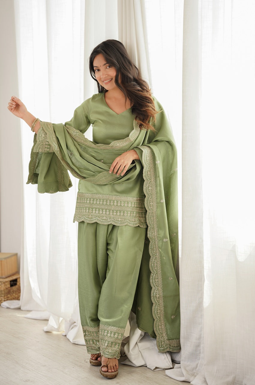 Avocado Green Glass Roman Silk Embroidered Kurta Set with Farshi Shalwar