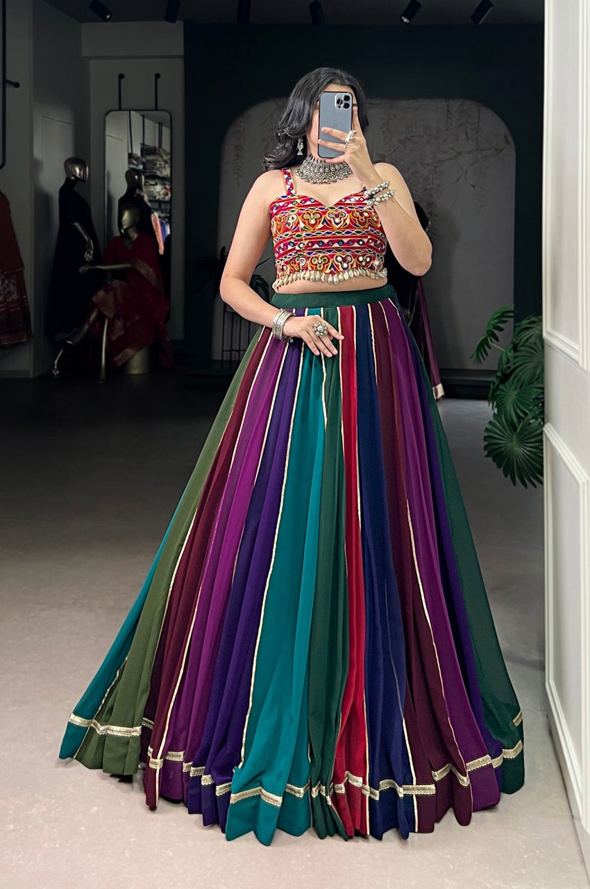 Multi-Color Georgette Lehenga Choli Set with Mirror Work Gamthi Blouse