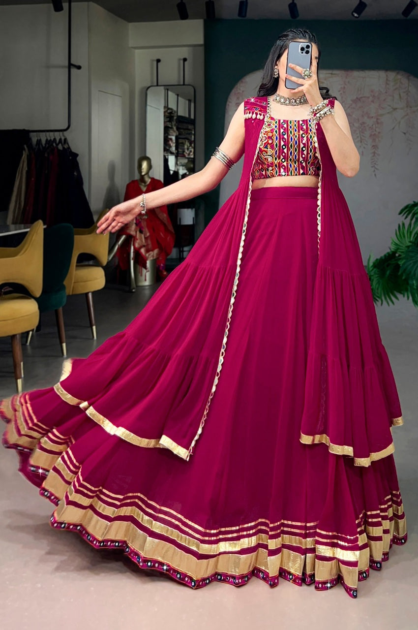 Magenta Red Gamthi Work Lehenga Choli Set with Mirror Long Koti Jacket