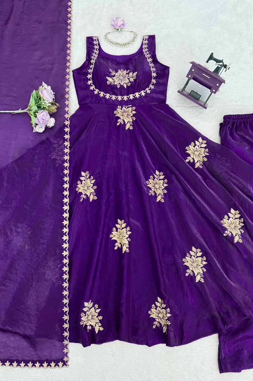 Purple Fendy Silk Suit Set with Thread & Sequence Work