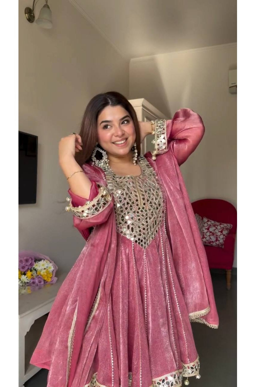 Rose Pink Gold Crush Dhoti Style Suit Set with Real Mirror Work