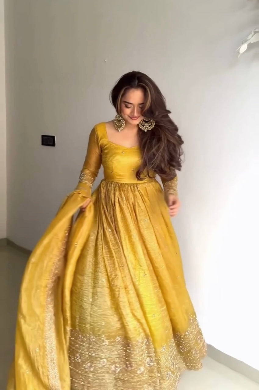 Mustard Gold Crush Anarkali Gown Set with Sequins Embroidery and Pearl Lace Dupatta