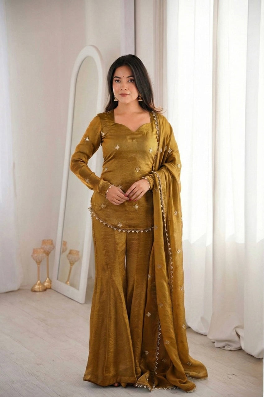 Copper Brown Fendy Silk Embroidery Sequence Sharara Set