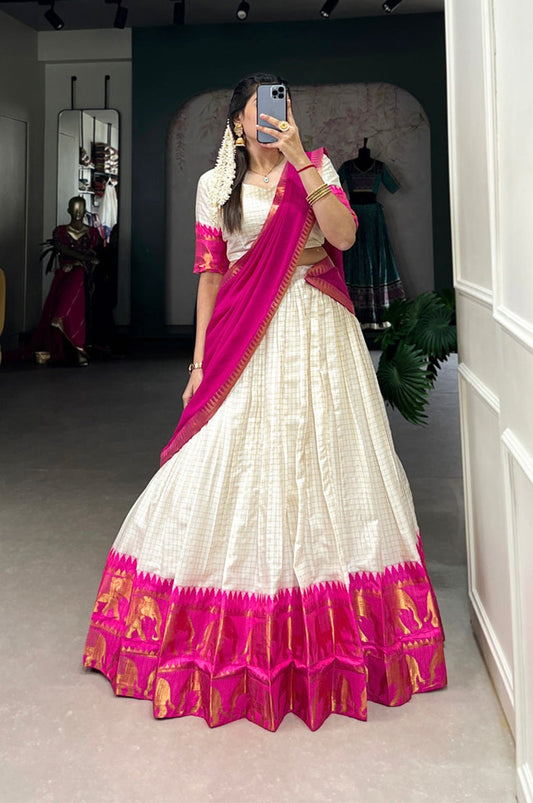Premium South Indian Rani Pink Half Saree Poly Cotton Lehenga Choli Set