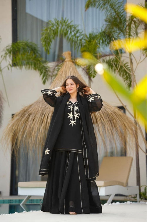 Black Crunchy Chiffon Gota Patti Sharara Suit Set