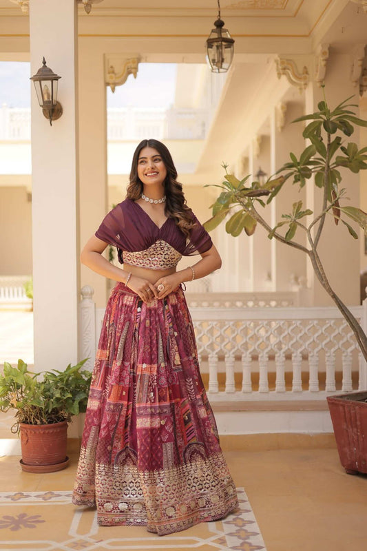 Luxurious Wine Russian Silk with Digital Print Lehenga with Designer Blouse
