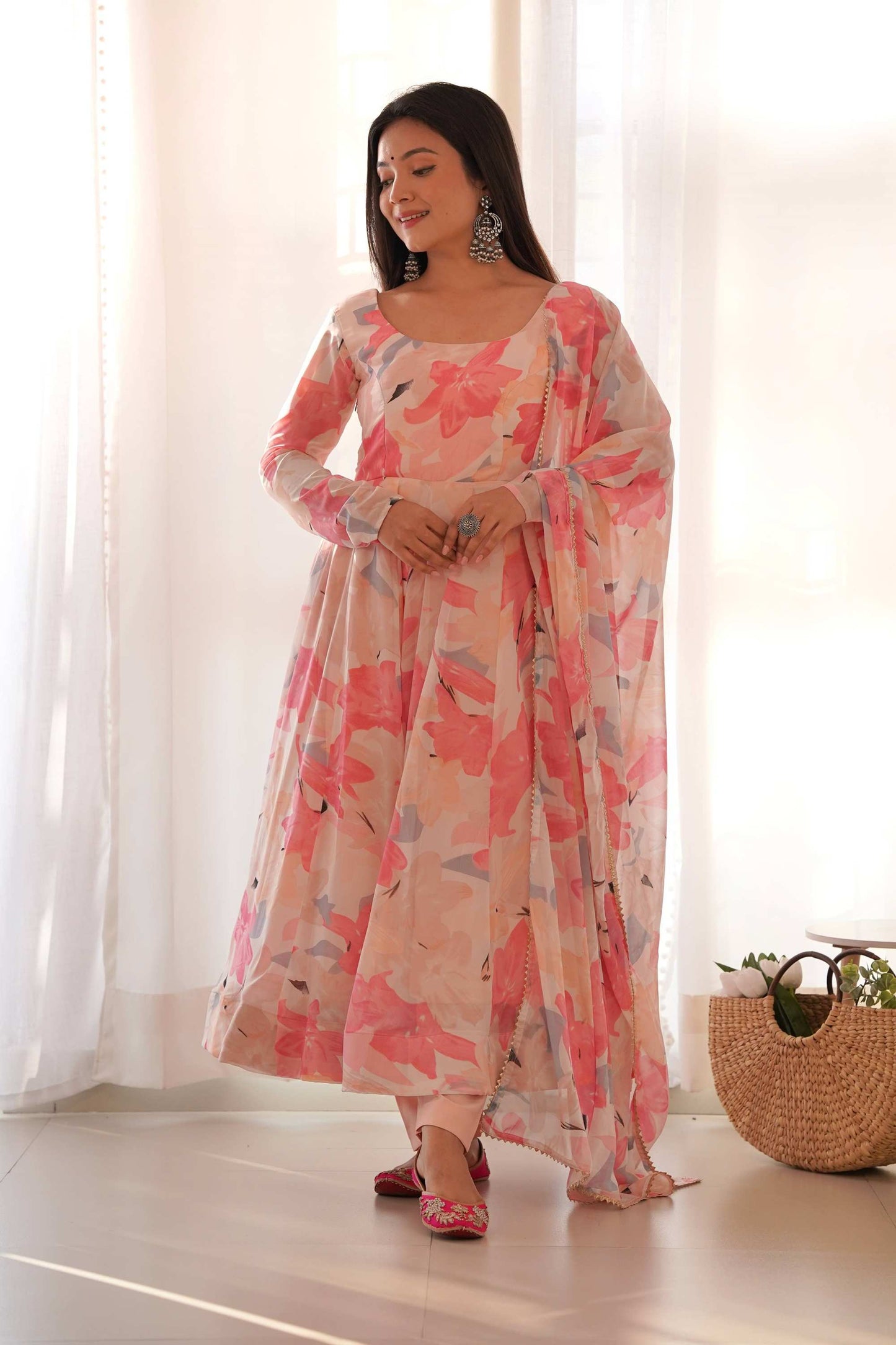 Peach Floral Georgette Anarkali Suit