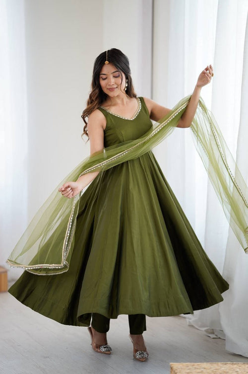 Mehndi Green Roman Silk Anarkali Suit Set