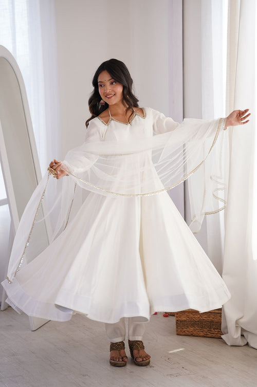 White Roman Silk Anarkali Suit Set