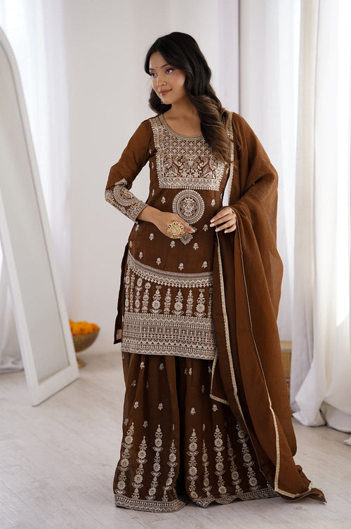 Brown Crunchy Silk Sharara Suit