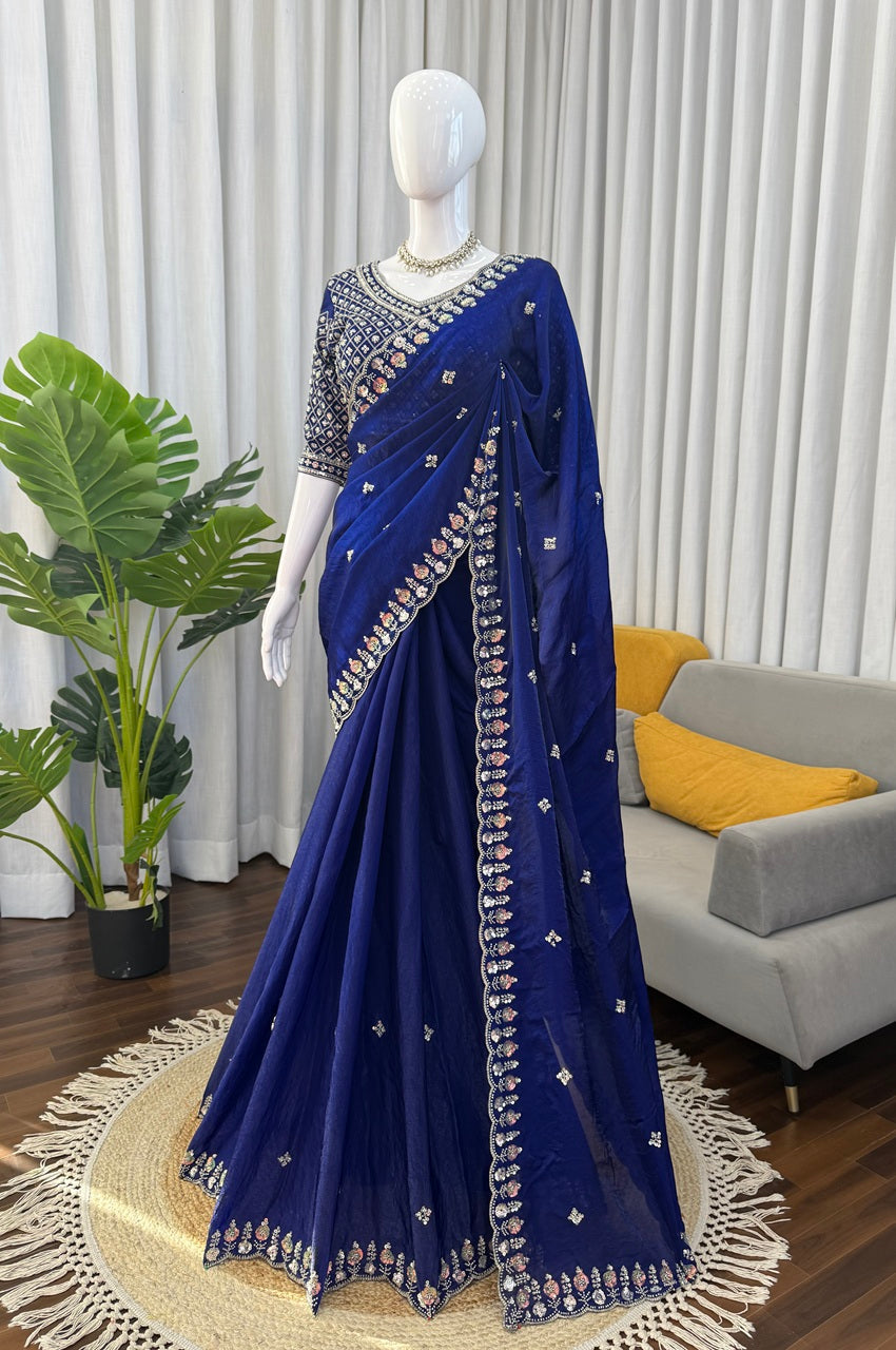 Royal Blue Fendy Silk Saree with Heavy Beads Work
