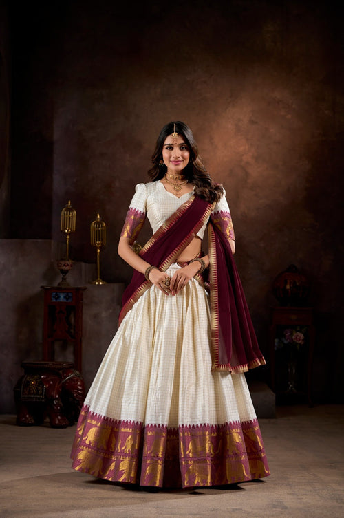 White Chex Zari Weaving Poly Cotton Wedding Lehenga Choli