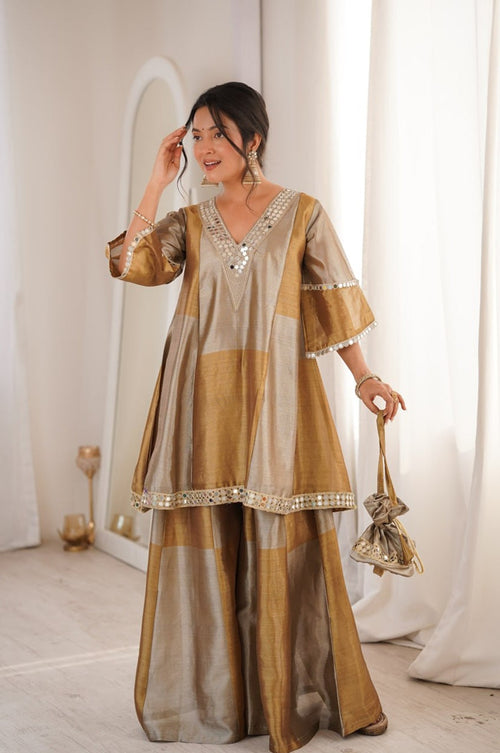 Dust Brown Two-Tone Tissue Suit Set with Mirror Lace