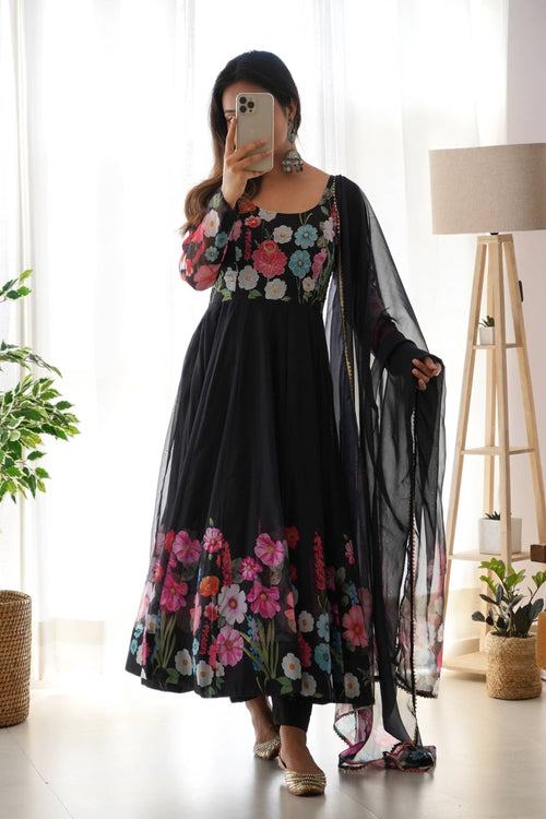 Elegant Black Floral Print Anarkali with Zari Work and Dupatta - Ready-to-Wear