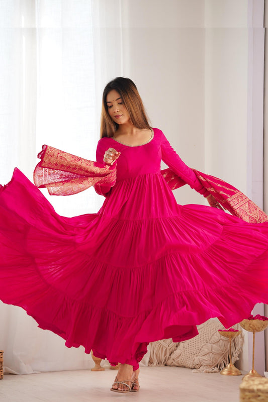 Elegant Roman Silk Chanderi Anarkali Suit Set with Banarasi Jacquard Dupatta