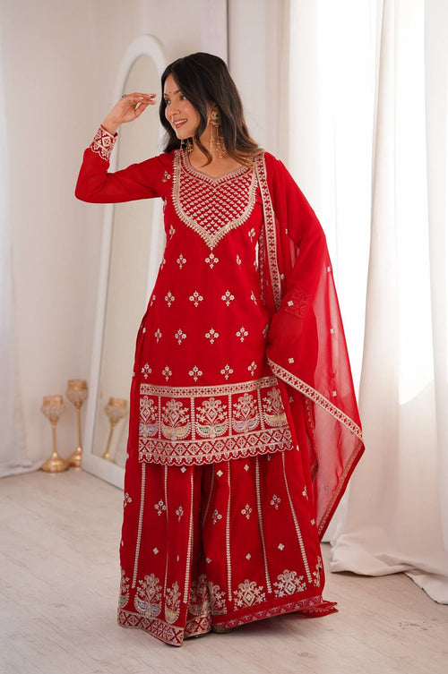 Red Fox Georgette Sharara Suit with Heavy Embroidery Dori, Zari & Sequence Work