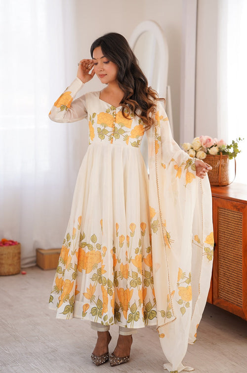 Yellow Flower Print Organza Silk Anarkali Set