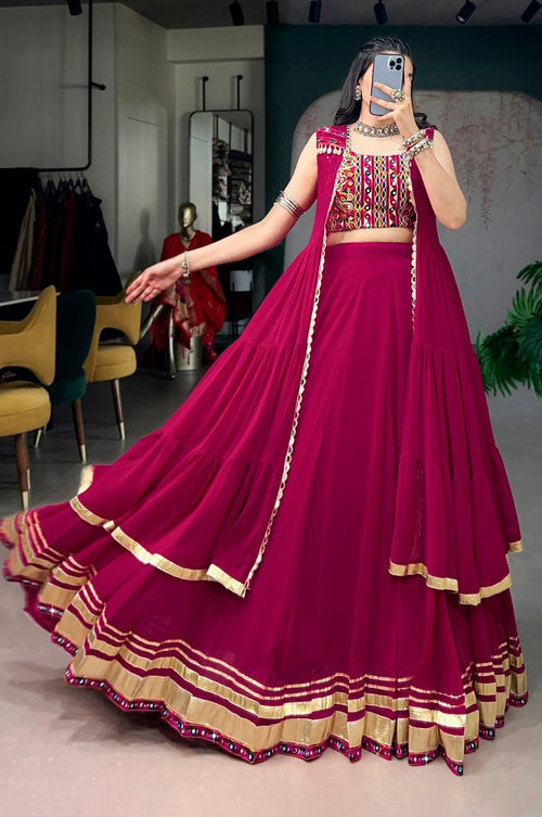 Magenta Red Gamthi Work Lehenga Choli Set with Mirror Long Koti Jacket