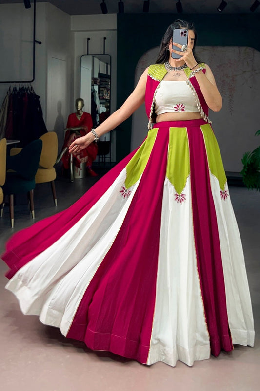 Rani Pink Multi Color Pure Rayon Lehenga Choli Set with Koti Jacket