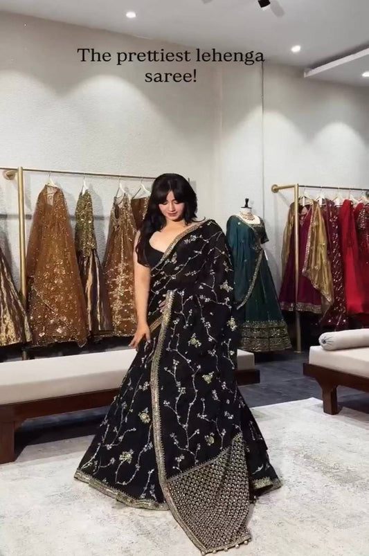 Black Faux Georgette Lehenga Saree Set