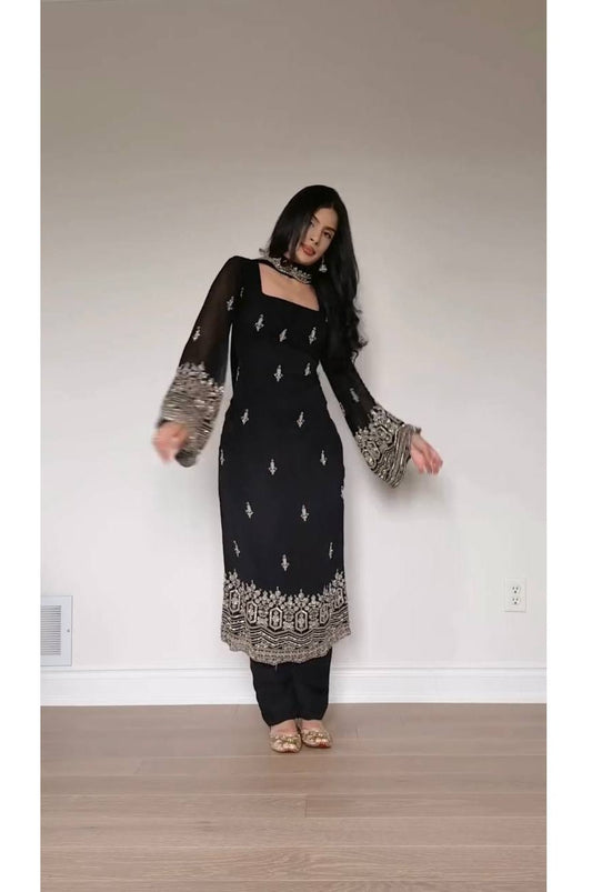Black Faux Georgette Suit Set with Thread & Sequence Work