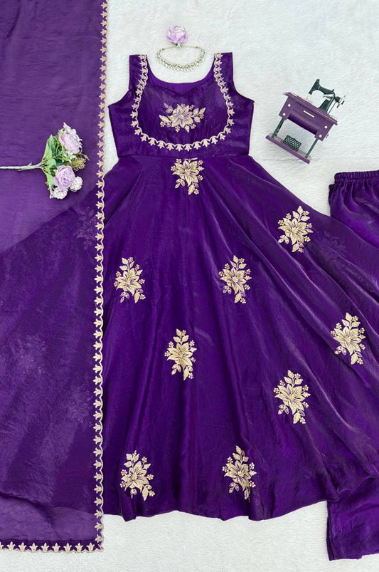 Purple Fendy Silk Suit Set with Thread & Sequence Work