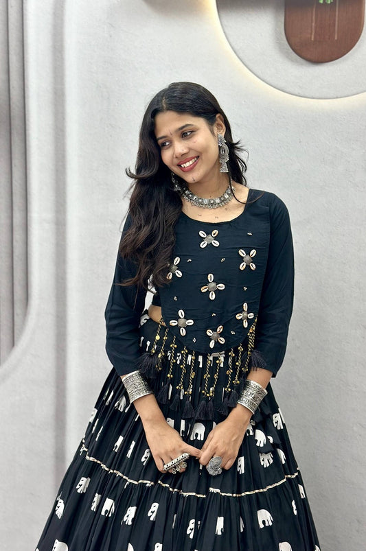 Black Heavy Cotton Navratri Chaniya Choli Set with 9 Meter Flair and Real Kodi Work