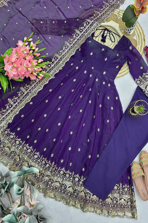 Indigo Fandy Silk Gown Set with Embroidery & Sequins Work