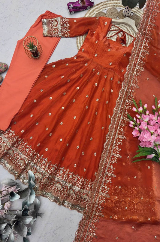 Rust Orange Fandy Silk Gown Set with Embroidery & Sequins Work