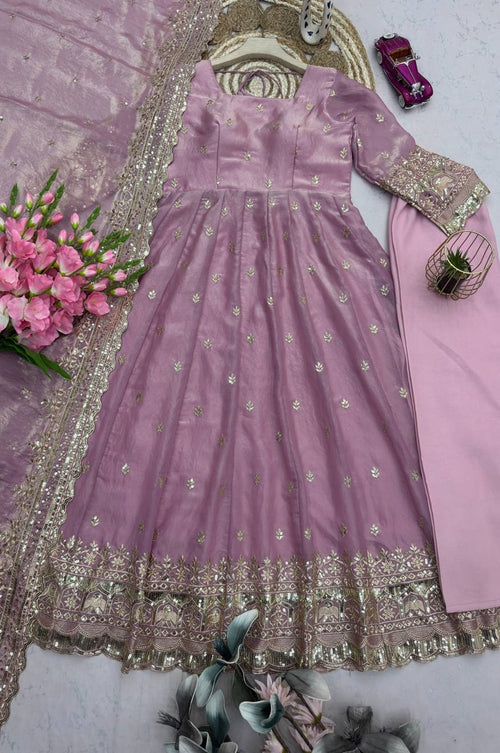 Metallic Pink Fandy Silk Gown Set with Embroidery & Sequins Work