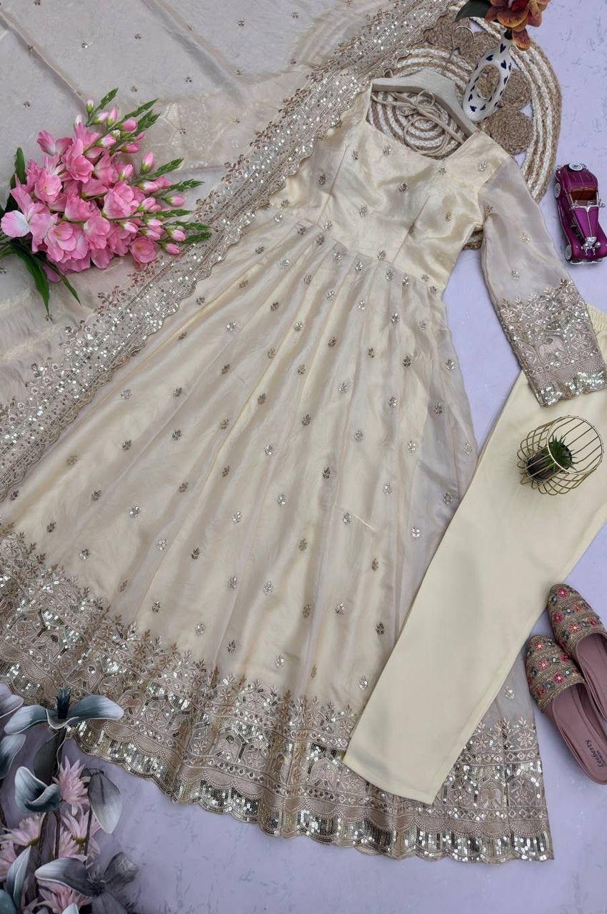 Light Cream Fandy Silk Gown Set with Embroidery & Sequins Work