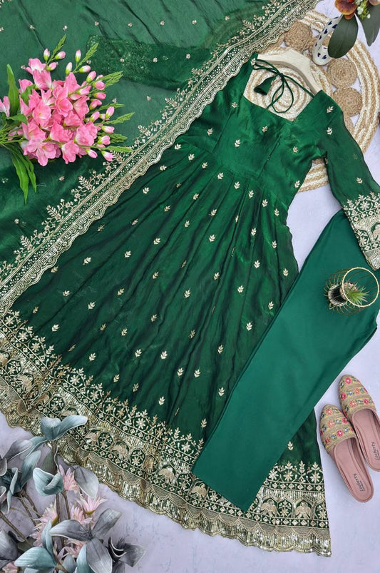 Green Fandy Silk Gown Set with Embroidery & Sequins Work
