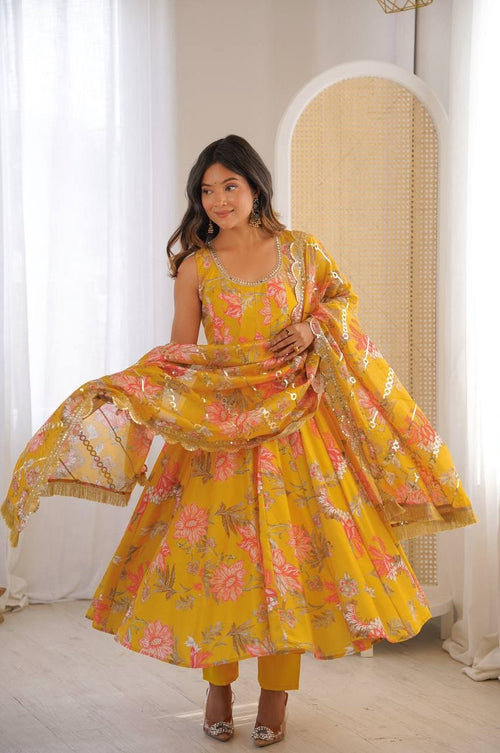 Sunshine Yellow Muslin Floral Print Anarkali Set