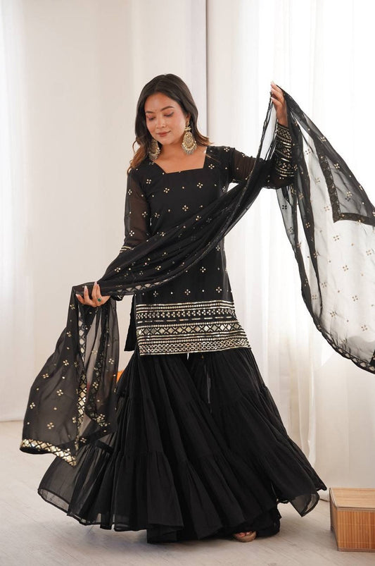 Black Sequin Work Ruffle Sharara Suit Set