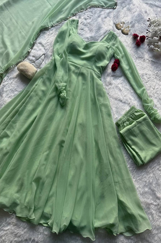 Misty Green Georgette Anarkali Suit with 8 Meter Flair