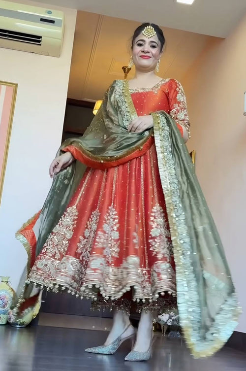 Orange Wedding Wear Anarkali Suit Set