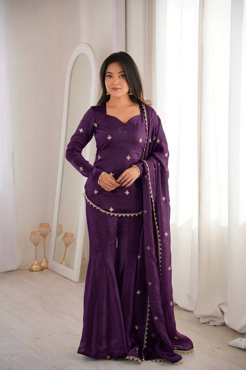 Purple Fendy Silk Embroidery Sequence Sharara Set
