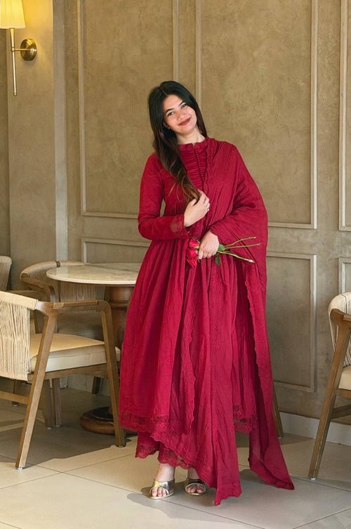 Arabian Red Roman Silk Embroidered Gown Set with Bottom and Cut Work Dupatta